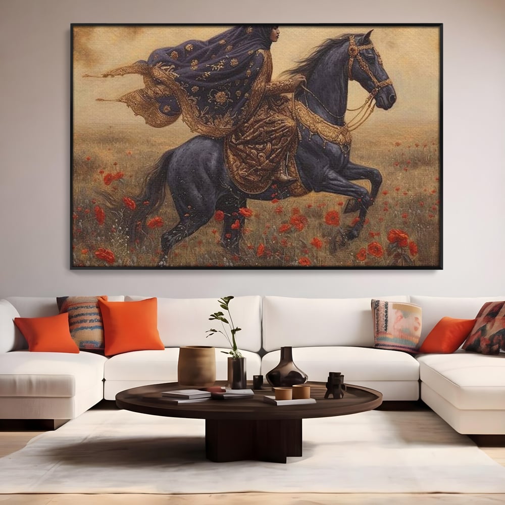 Tablou canvas cu printesa pe armasar negru in camp de maci, in rama de aluminiu negru, pe perete intr-un living